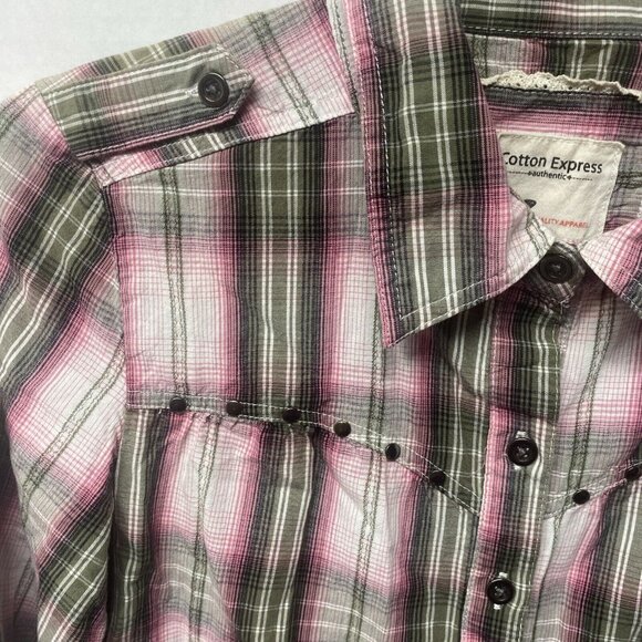 Cotton Express Womens Button Up Pink Gray Plaid Cotton Sz XS 3/4 Sleeves Western - Picture 5 of 16